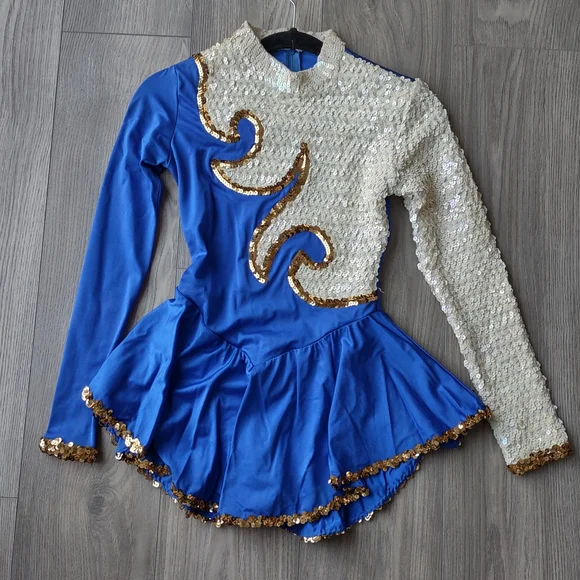Small Ladies Blue & White Sequin Figure Skating Dress with Gold Trim - Picture 4 of 7